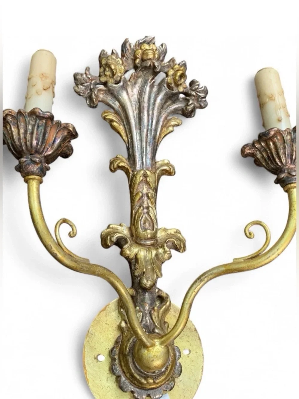 Pair Antique Carved Italian Gilt Gibson & Gibson 2-Arm Wired Wall Sconces